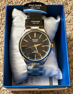 #ad Pulsar Solar Men#x27;s Watch PX3111 Two Tone Gold Stainless Black Dial New W Box $89.99