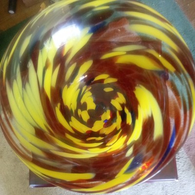 Unmarked Art Glass Swirl Compote Pedestal Bowl, Round, Yellow Amber Blue