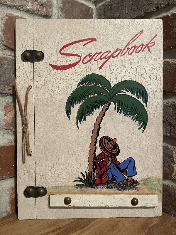 Vintage Wooden Scrapbook Photo Album Siesta Mexican Sombrero Palm Tree Folk Art