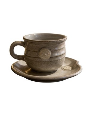 Stoneware Espresso Cup Saucer Set Speckled Beige Cafe Style Rustic