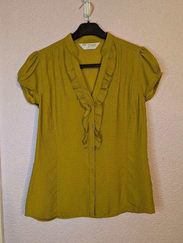 M&S Autograph 100% Silk Ruffle Blouse Chartreuse Green Size 8