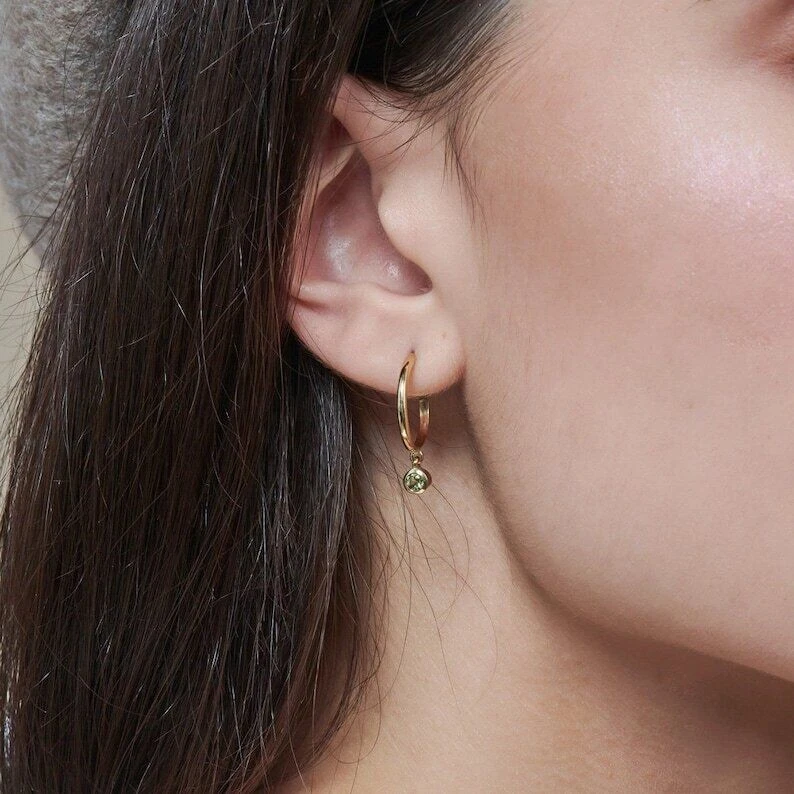 Natural Peridot Gemstone Dainty Hoops Earrings 18k Solid Gold Earrings s122 - Image 3 of 4