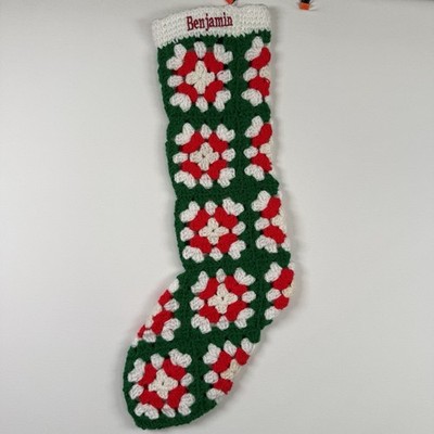 Christmas Stocking Granny Square Handmade Crochet Vintage Red Green Benjamin
