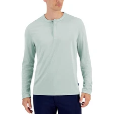 Alfani Men's Alfatech Solid Henley Long Sleeve T Shirt Stretch Sage Green Medium