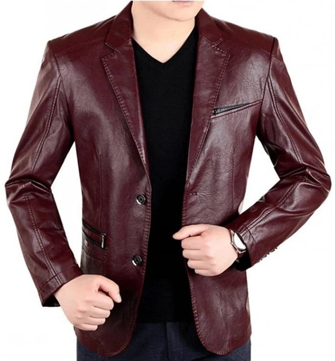 Men's Burgundy 100% Genuine Lambskin Two Button Leather Blazer Soft Coat Jacket