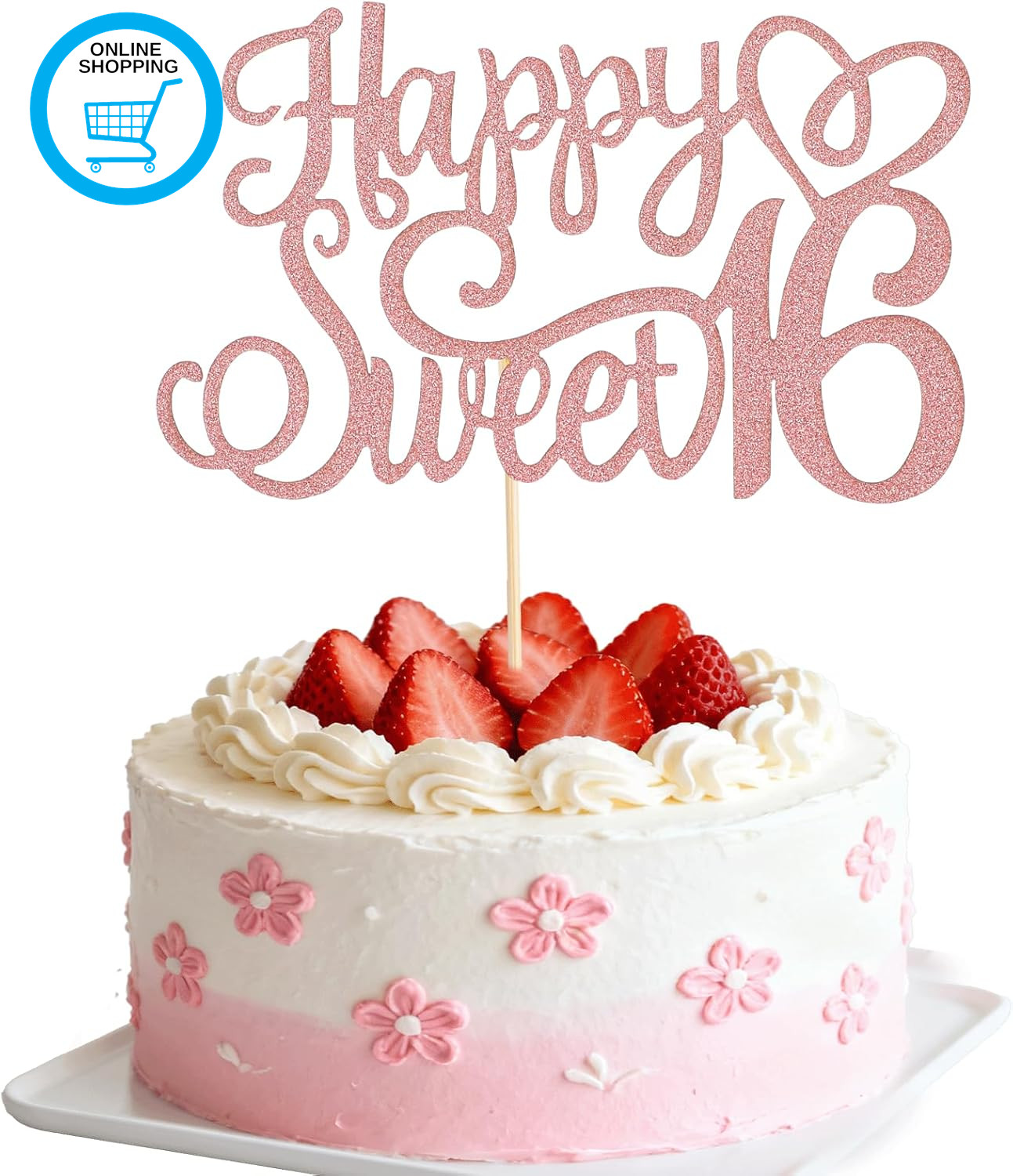Glittery 16Th Happy Birthday Cake Topper, Rose Gold Glitter 16 & Fabulous Sweet