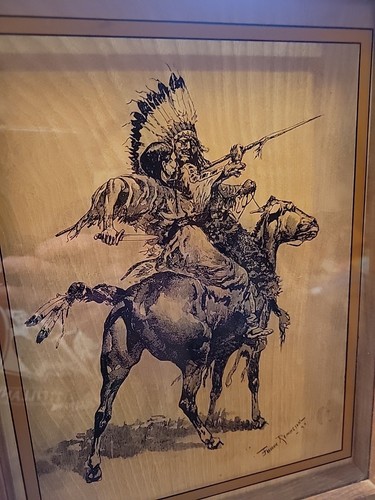 Frederic Remington Two Indians Replica Framed Art On Glass Lucid Lines Vtg 1974 - Afbeelding 3 van 20