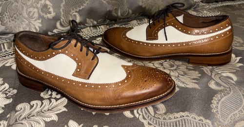 Johnston & Murphy Shoes Mens 10.5M Tan Leather Canvas Spectators Wingtip Oxfords