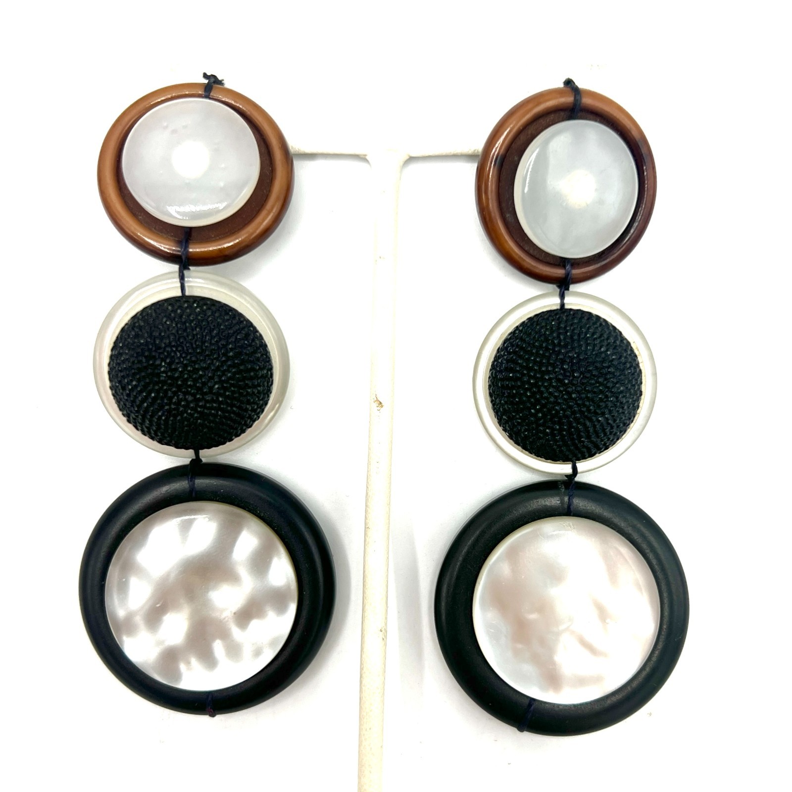 Vintage Statement Button Earrings Long Neutral To… - image 1