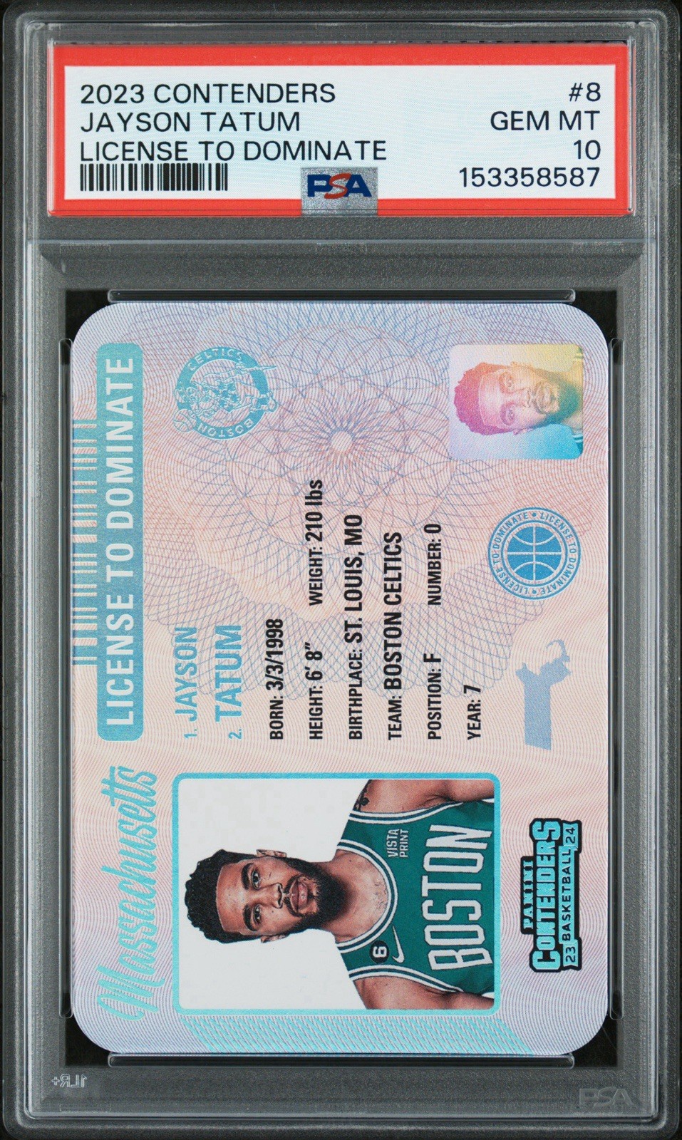 2023 Contenders Jayson Tatum License To Dominate #8 PSA 10 SP Case Hit view 2