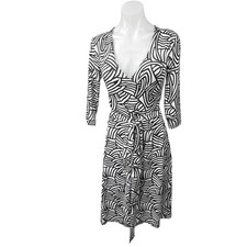Patty Boutik Black White Abstract Print Faux Wrap 3/4 Sleeve Midi A-Line Dress S