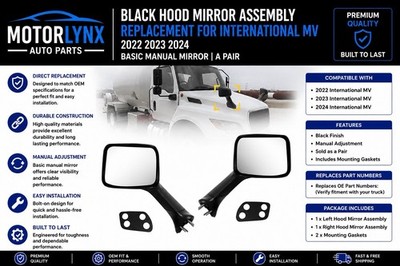 Black Hood Mirror Assembly Pair Manual Fits 2022-2024 International MV Truck