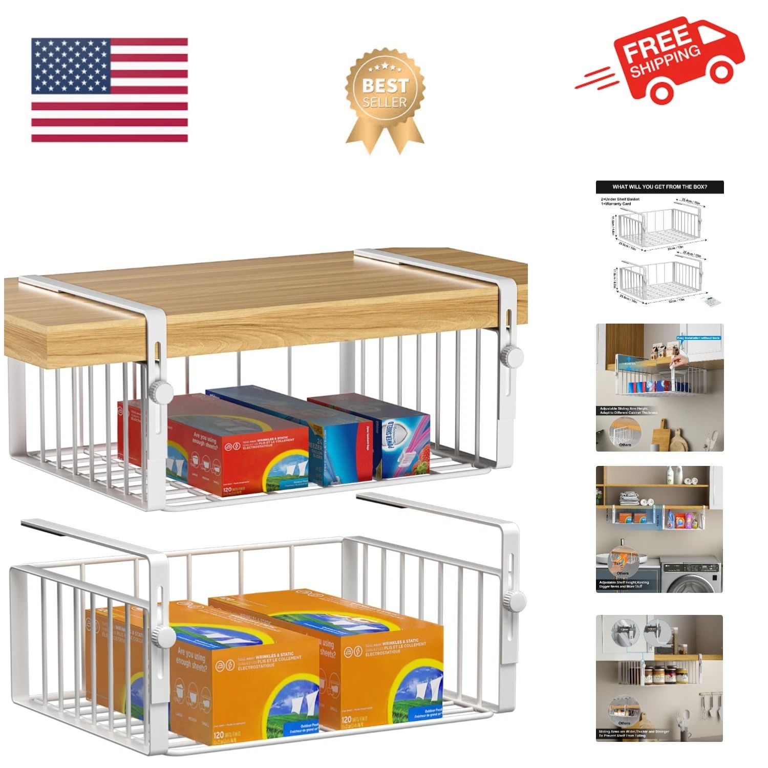 2-Pack Adjustable Under Shelf Basket Organizer - Space-Saving Storage Solution