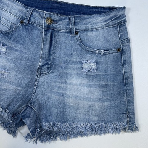 Distressed Frayed Hem Light Blue Denim Shorts – Medium - High Waisted Y2K Style - Picture 3 of 5
