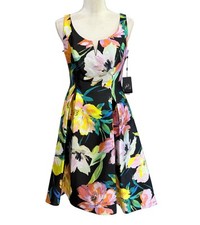 Adrianna Papell Women's SZ 4 Black Mikado Floral Notched Neck Sleeveless Dress