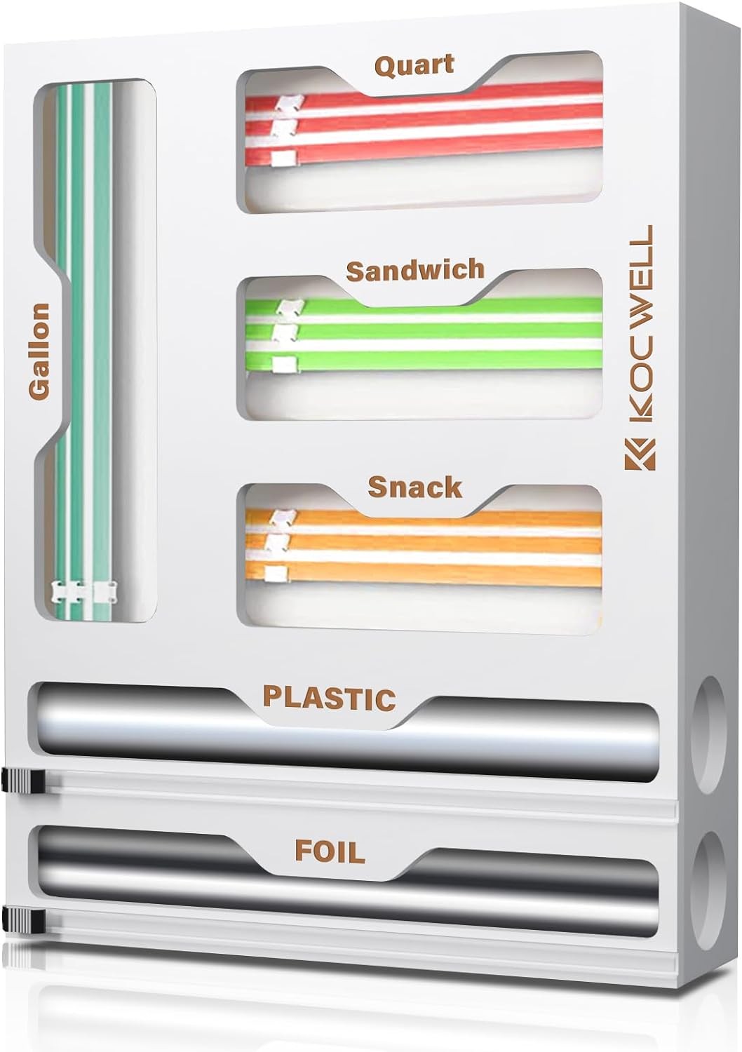 Органайзер для пакетов KOCWELL 6 в 1 и диспенсер для пластиковой упаковки с резаком - Белый