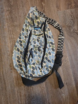 KAVU Original Rope Sling Bag Crossbody Backpack CottonCanvas Blue Leaves Pattern