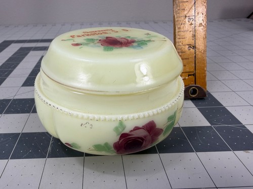 Rare Antique Uranium Custard Glass Puff Box Souvenir of Parkston, South Dakota