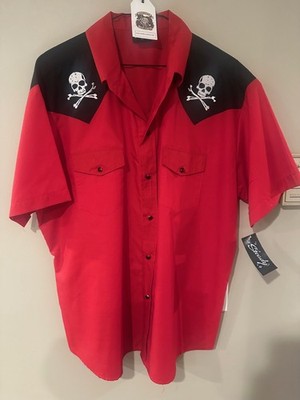 Steady Skull Western Shirt XL Red Black Rockabilly Button Up Short Sleeve NWT
