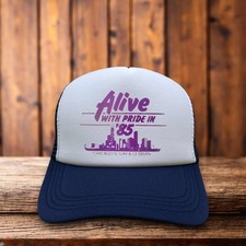 Alive With Pride in '85 Gay Pride Mens Trucker Hat Navy Snapback Equality LGBTQ