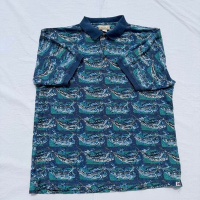 Vintage Kahala Hawaiian Polo Shirt Mens Large Blue Marlin Cafe AOP Cotton Fish