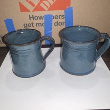 1984 1985 Jugtown Ware Set of 2 Blue Speckled Pottery Mugs North Carolina 3.5  