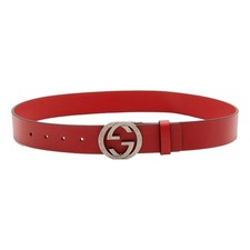 New Gucci Interlocking G Leather Buckle Antiqued Silver Belt Rosso Red 95/38