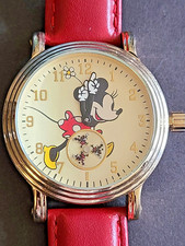 Rare Gold Toned Disney Minnie Mouse Watch Red Strap, Turning Hands, Seconds Dial
