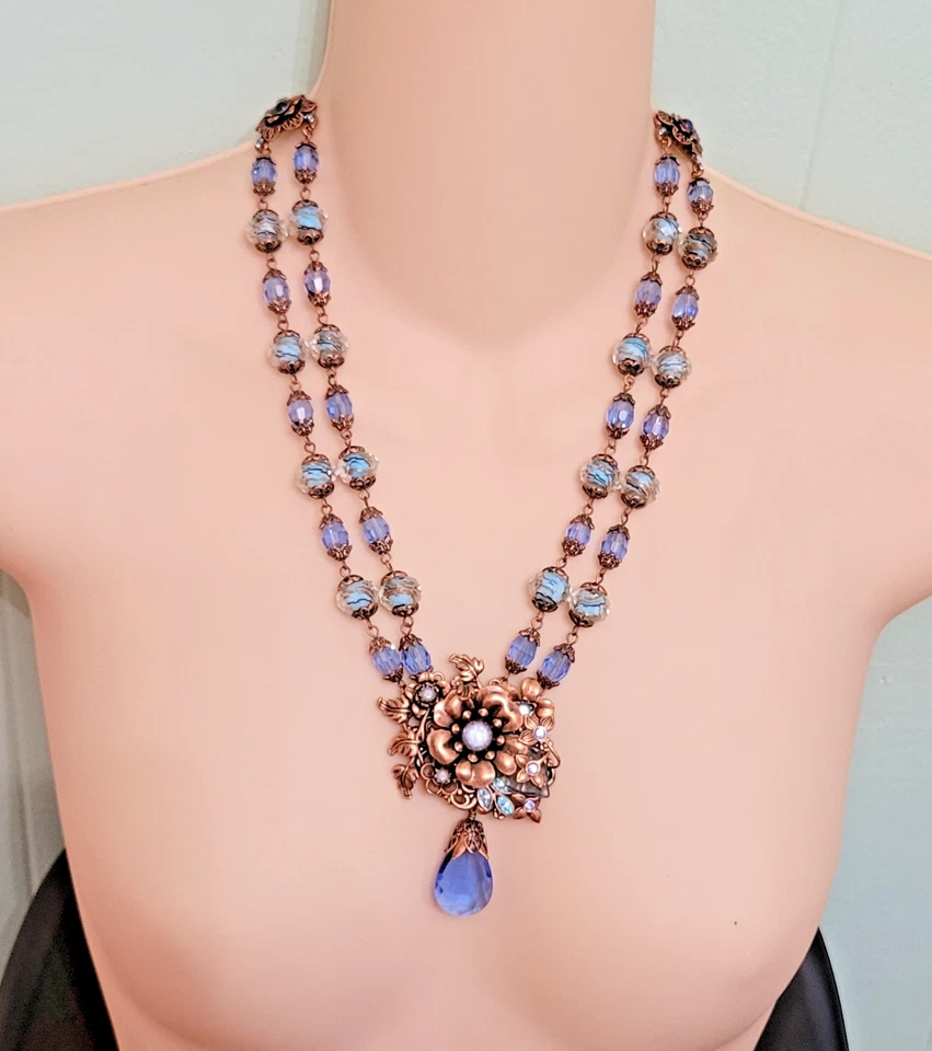 Sweet Romance N5985 蓝色和铜花卉灯饰玻璃项链 ~ 21 — 第 4/4 张图片