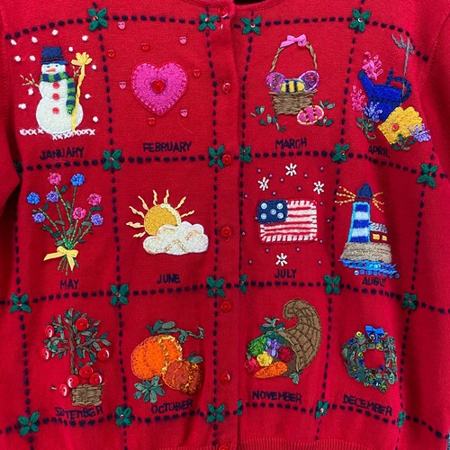 Marisa Christina Cardigan Sweater PM Red Calendar Button Up Holiday Granny Theme - Picture 3 of 9