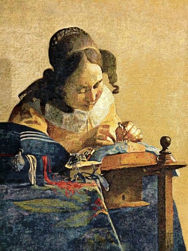 THE LACEMAKER, JOHANNES VERMEER 67CM X 46CM LINED BELGIAN TAPESTRY WALL HANGING - Picture 2 of 7