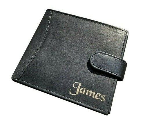 Men's Personalised Engraved Black Leather Wallet Christmas Xmas Gift for Him Man