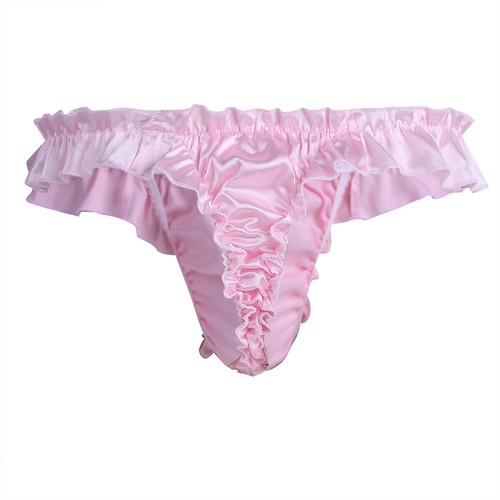 Men's Soft Shiny Satin Ruffled Frilly Briefs Thong Sissy Underwear Tanga Panties - Picture 13 of 55