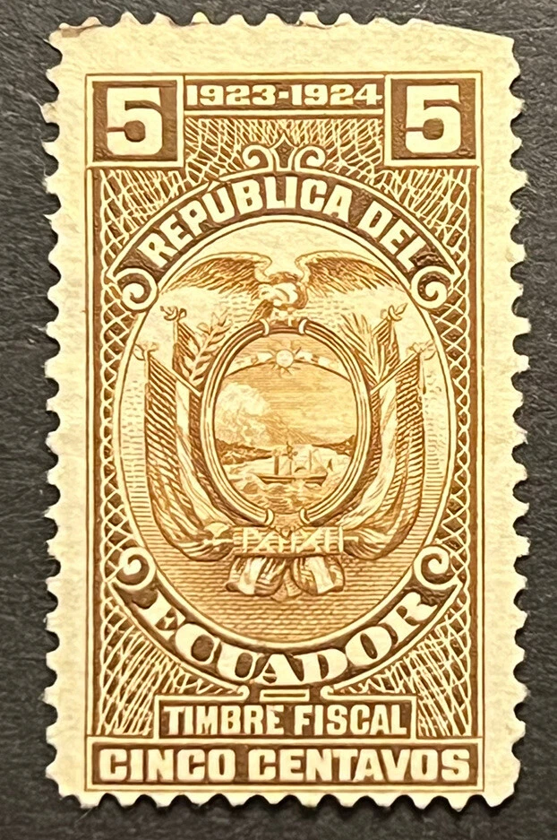 Sellos de viaje: estampillas de ingresos de Ecuador 1923-1924 cinco centavos como nuevas sin goma MNG Foto 2 de 4