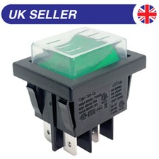 Green Rocker Switch With Water Proof Cover, 22mm x 30mm, 16A 250Vac, DPST