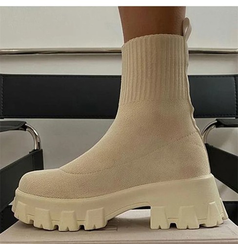 Sock Ankle Boots Ladies Winter Mid Calf New Comfy Casual Chunky Heel Shoes Size - Picture 3 of 7