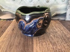 Studio pottery planter with parrots Signed 3 1/4 High 4 1/4 Diameter Blue Green