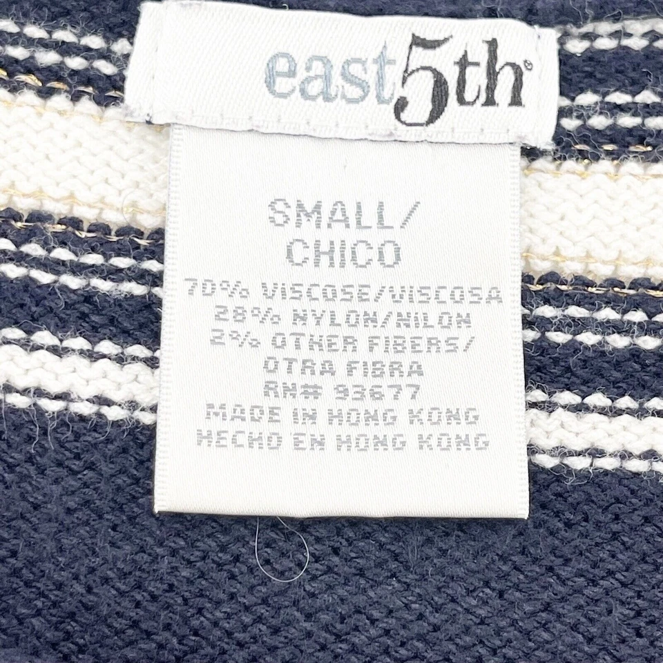 Suéter tejido a rayas East 5th para mujer azul marino y blanco pequeño Coastal Cabin Granny Foto 2 de 4