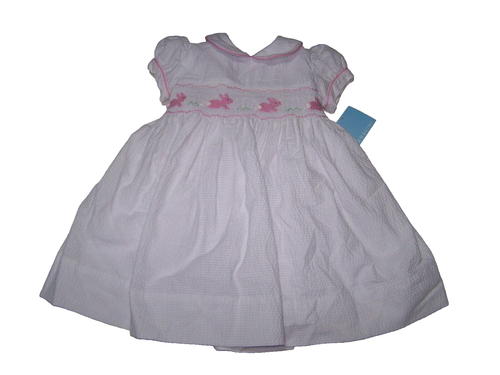 Anavini Girls Pink Striped Seersucker Dress - Side Bows - Smocked Sailboats main image 0
