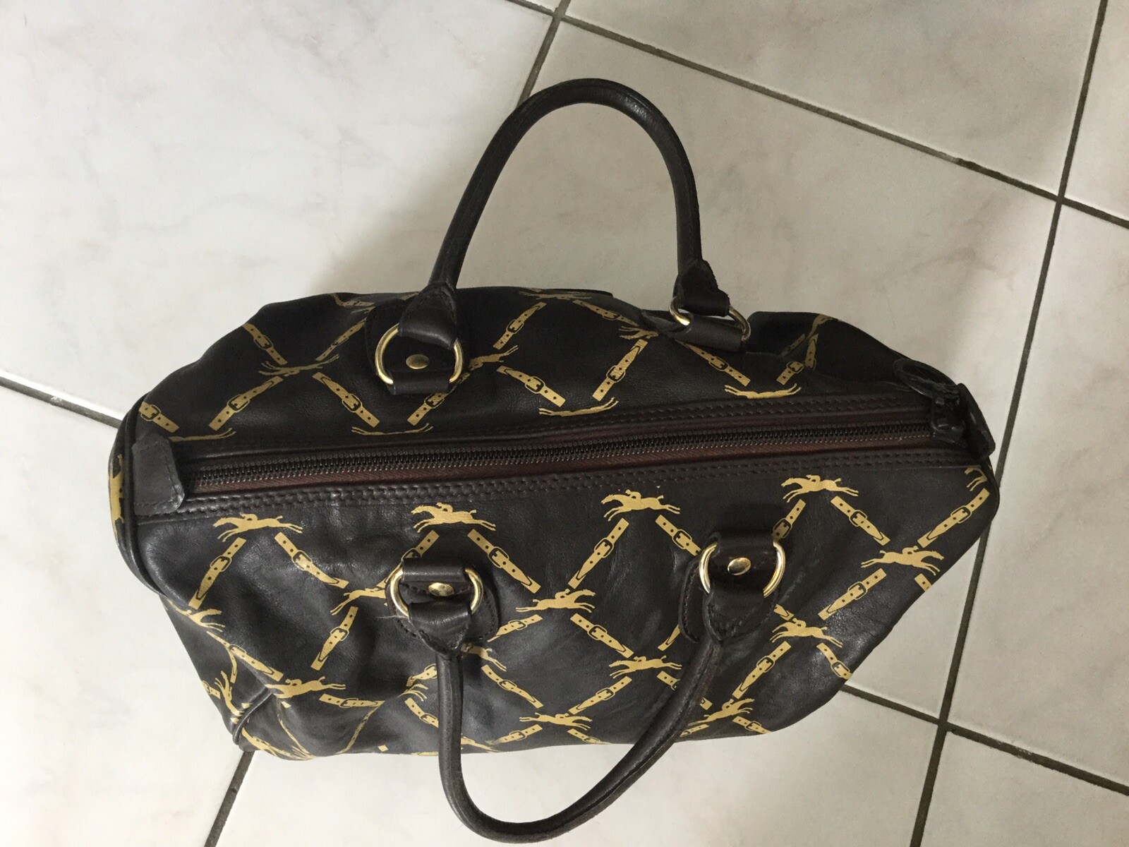 Sac bowling LONGCHAMP cuir marron/doré impression LM édition limitée eBay