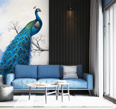 3D Blue Peacock Branch K89 Wallpaper Mural Self-adhesive Removable Sticker Panda