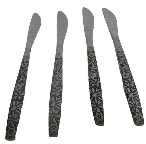 EKCO Hodiak Stainless Flatware 4 Dinner Knives Floral Bursts Black Accents