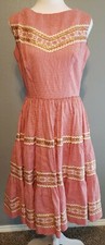 Vtg 50's 60s Red White Plaid Gingham Gold Metallic Detail Patio Picnic Sun Dress