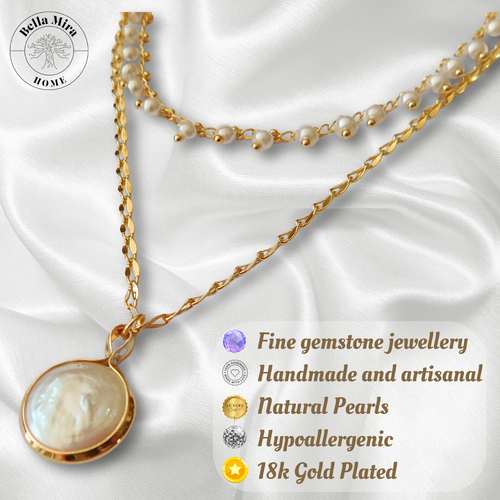 Collar o pendientes colgantes con capa de perlas naturales para monedas de regalo enchapados en oro de 18k - Imagen 2 de 9