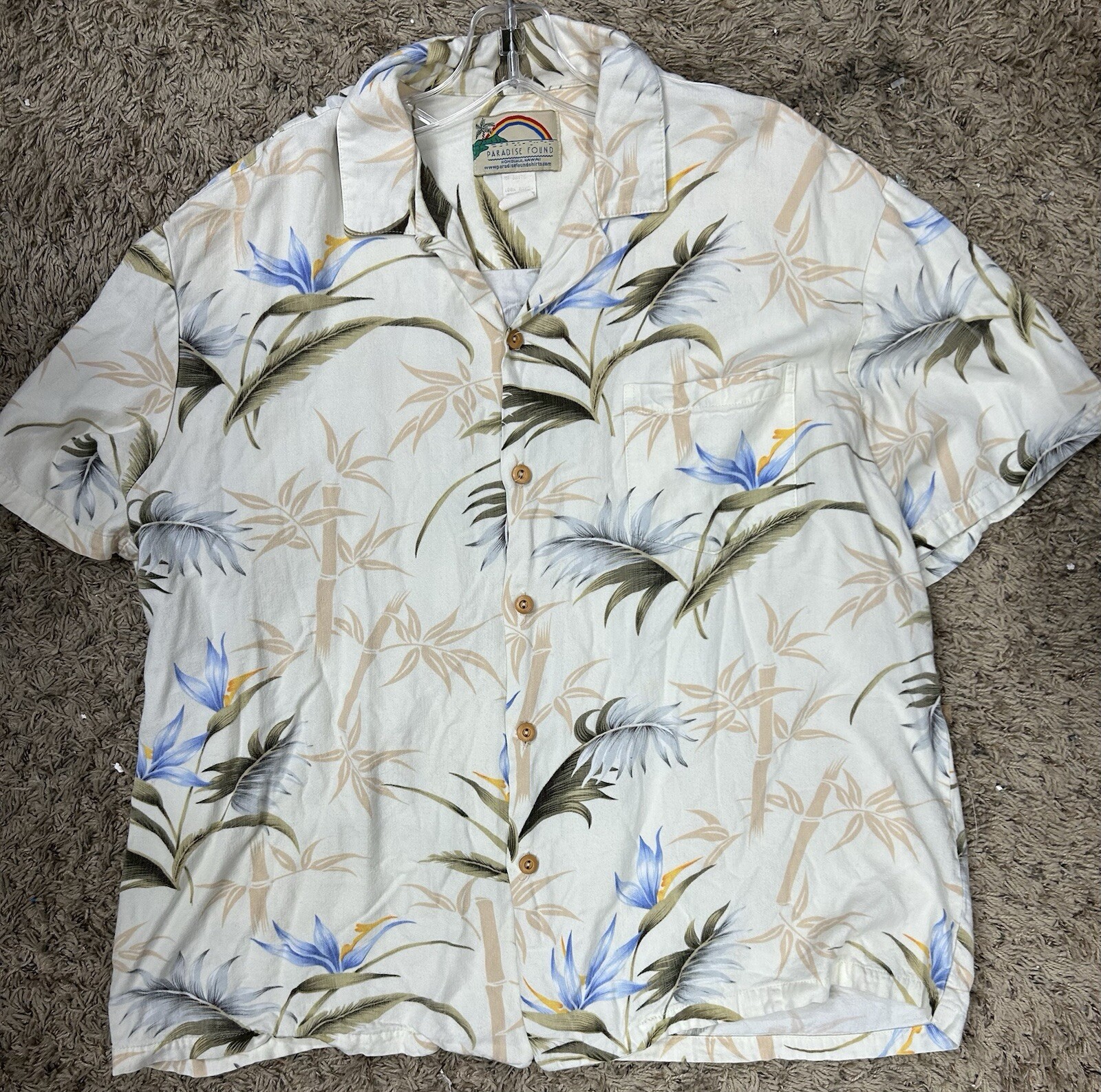 Paradise Found Mens Size XL White Bamboo Paradise Button Down Hawaiian Shirt