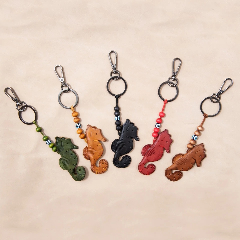 Llavero de cuero de caballito de mar - Hecho a mano Bolso de animales del océano Dije Regalo Foto 3 de 4