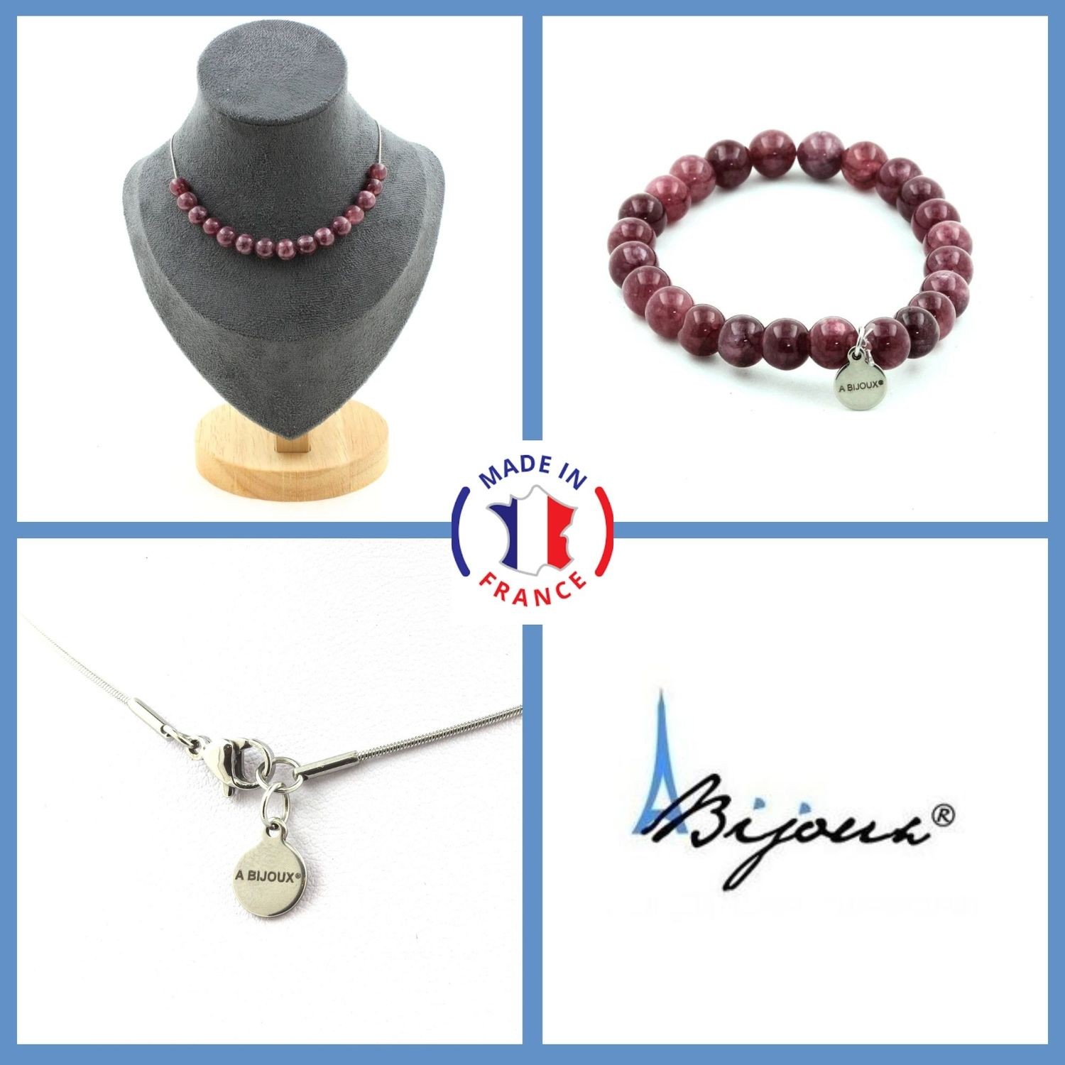 Parure en lépidolite de qualité gemme avec bracelet et collier 15 perles