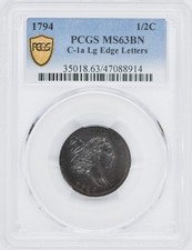 1794 LIBERTY CAP 1/2 PCGS MS 63 BN