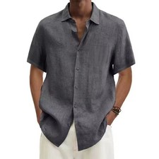 Men's Cotton Linen Shirt Short Sleeve Summer Casual Beach Solid Top M-3XL New