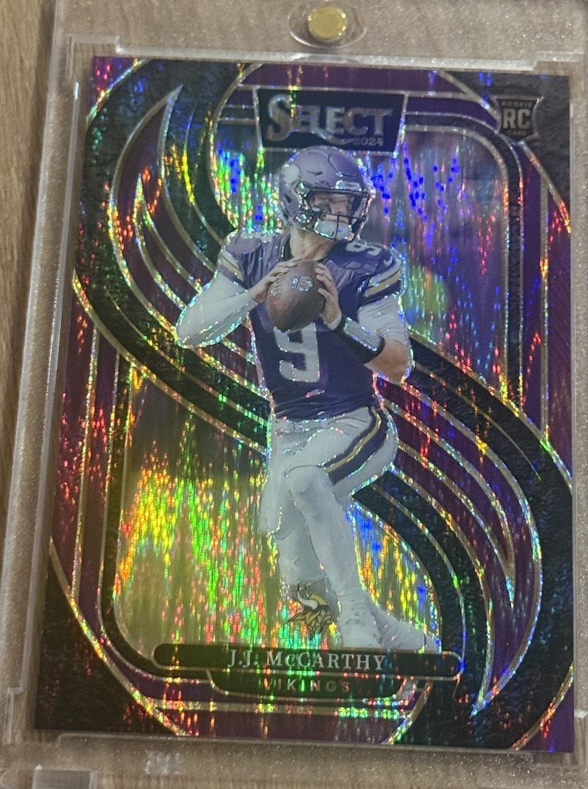 2024 Panini Select - Premier Level J.J. McCarthy #134 Purple Shock Prizm /360 RC